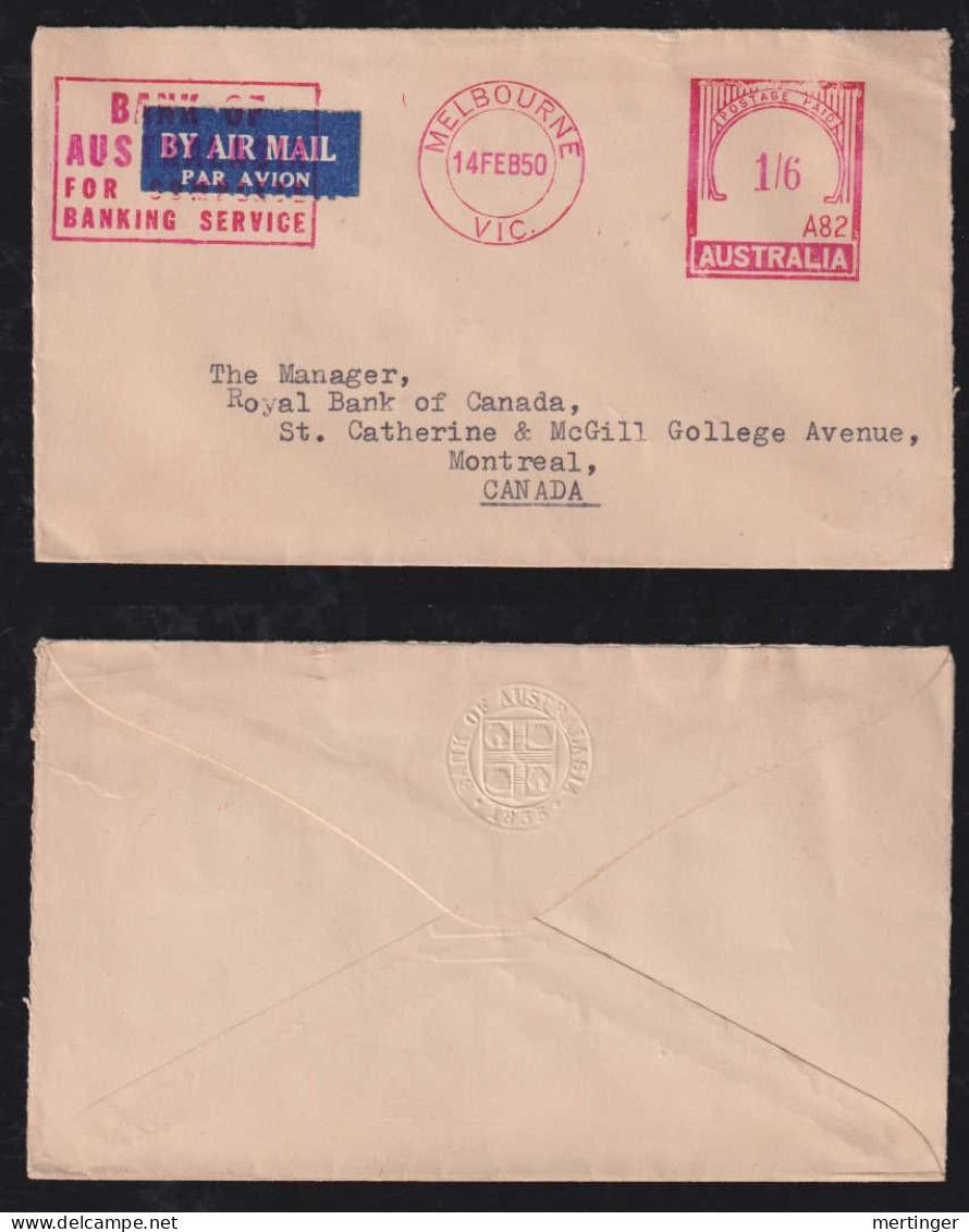 Australia 1950 Meter Airmail Cover 1Sh6p MELBOURNE X MONTREAL Canada Bank Of Australia - Cartas & Documentos