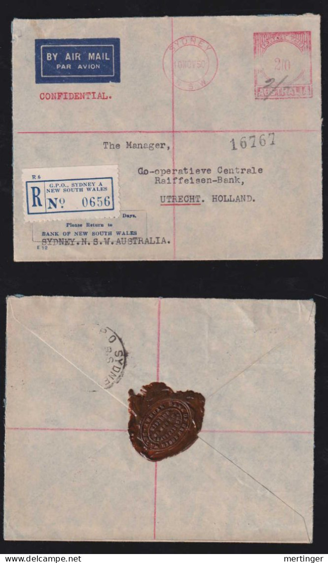 Australia 1950 Registered Meter Airmail Cover 2Sh SYDNEY X UTRECHT Netherlands - Briefe U. Dokumente