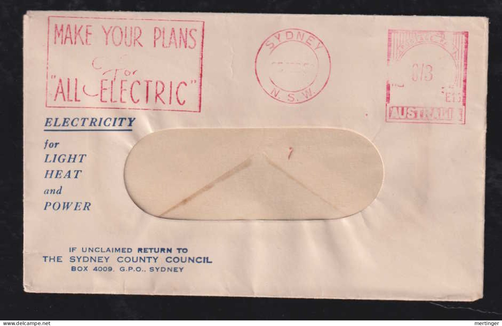 Australia 1950 Meter Cover 3p SYDNEY Advertising Make Your Plans For All Electric - Brieven En Documenten