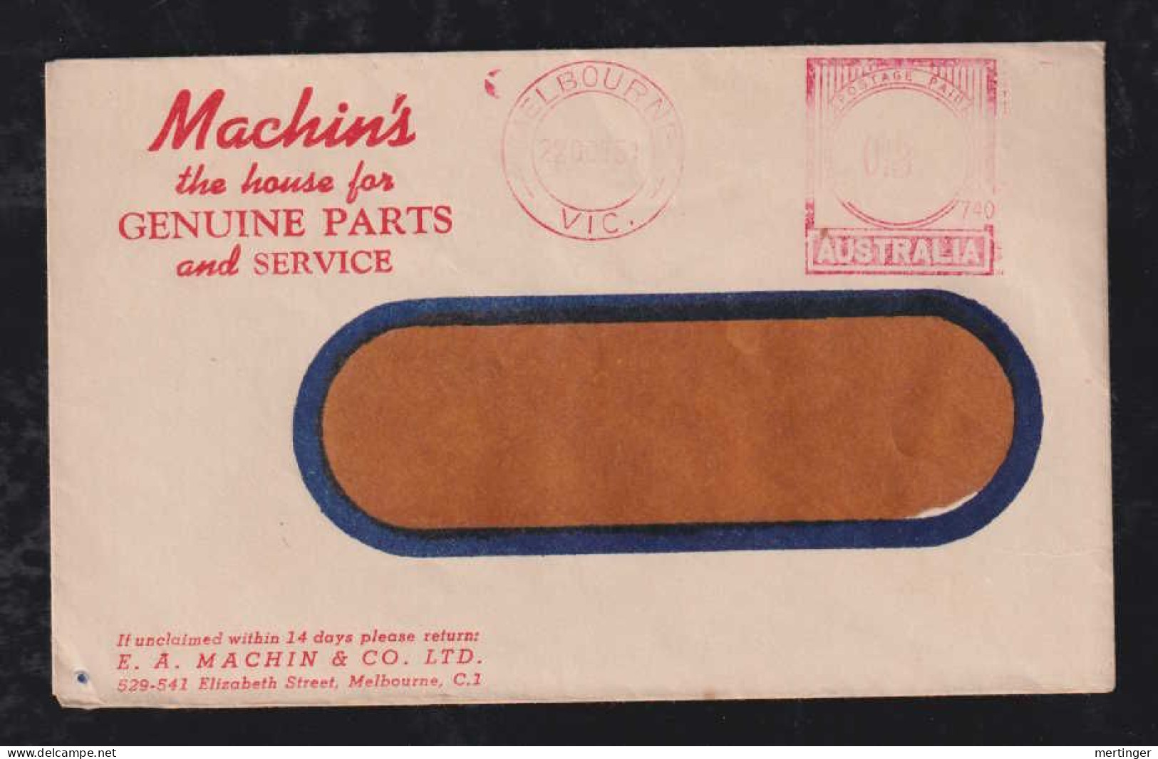 Australia 1951 Meter Cover 3p MELBOURNE Advertising Machins The House For Genuine Parts - Storia Postale