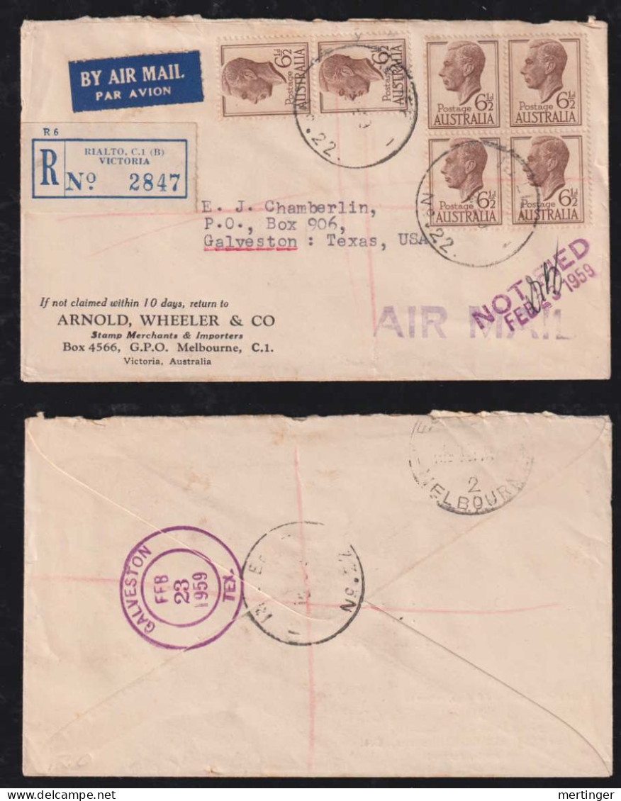 Australia 1959 Registered Airmail 6x6 ½d Cover RIALTO X GALVESTON USA - Brieven En Documenten
