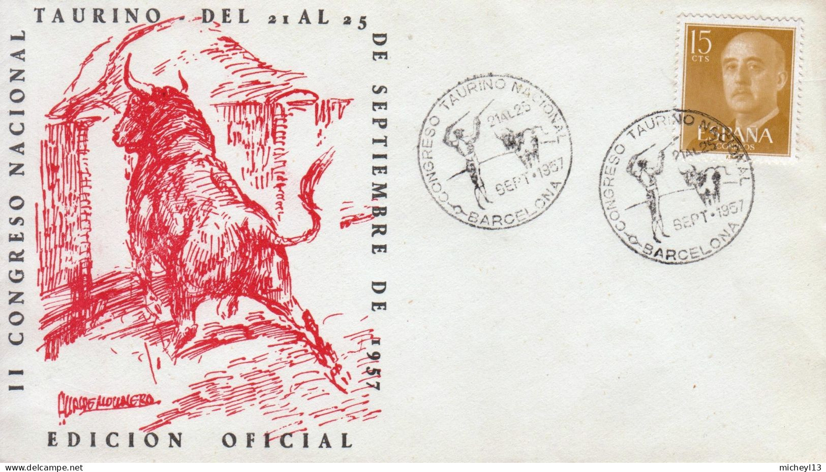 Cachet Commémoratif-matasello-Barcelona-9/9/1957-Congrès Taurin National-toréador Et Taureau-corrida - Autres & Non Classés