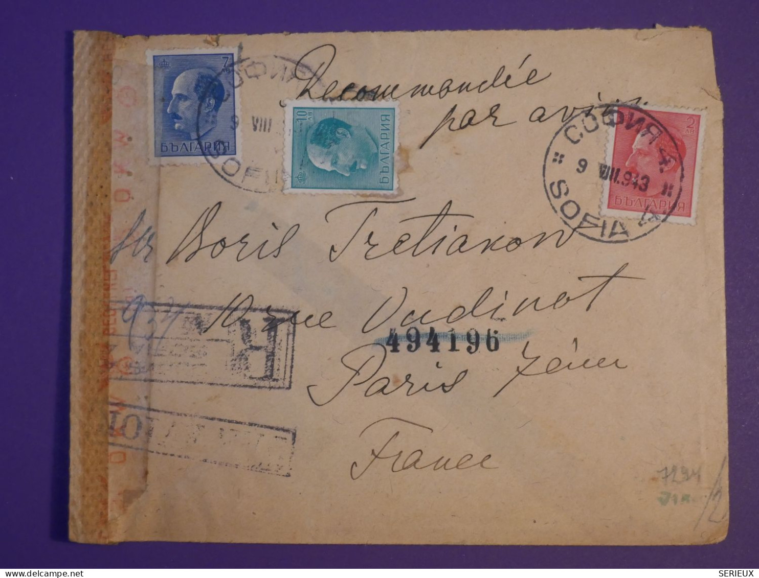 DB0  BULGARIE  BELLE LETTRE RECO.   CENSUREE  1943 SOFIA A  PARIS FRANCE  ++ AFF. INTERESSANT++++ - Covers & Documents