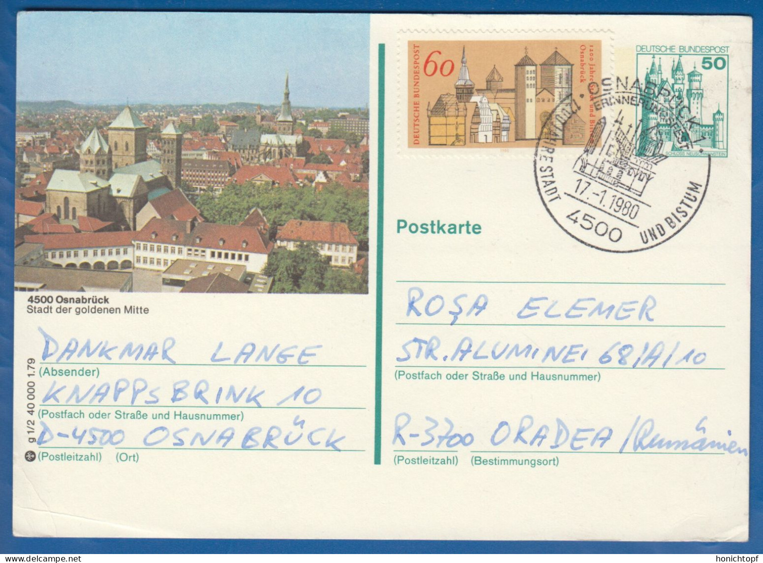 Deutschland; BRD; Postkarte; 60+50 Pf Schloss Neuschwanstein Und Mi.-Nr. 1035 Rathaus Osnabrück; 1980 - Postcards - Used