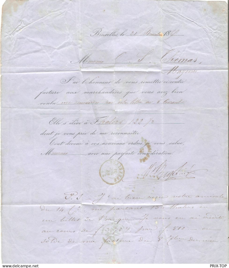 TP 15 S/LAC LOS PTS 60+c. BXL 21/12/65 C. Affr.Insussf. 60 > Mayence 2° Rayon Prussien Taxé 10 Barré Puis 8 EXPLICATIONS - Lettres & Documents