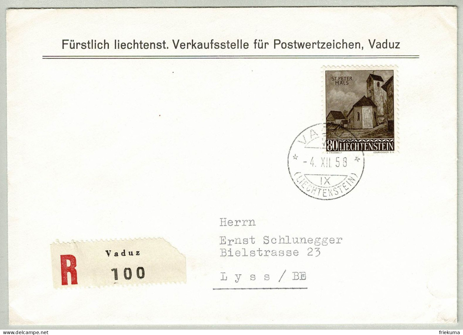Liechtenstein 1958, Einschreibebrief Ersttag Vaduz - Lyss, Kapelle St.Peter Mals, Chapelle / Chapel - Briefe U. Dokumente