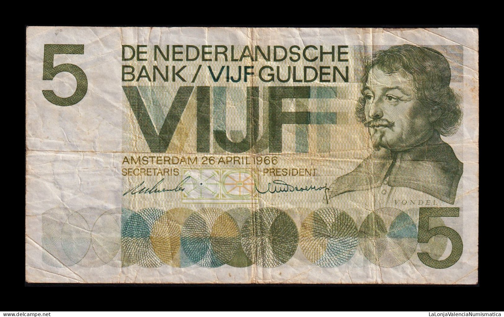 Holanda Netherlands 5 Gulden Joost Van Den Vondel 1966 Pick 90b Bc F - 5 Gulden