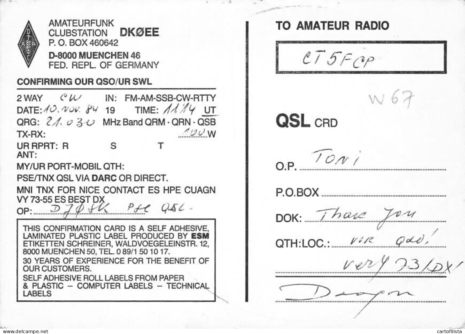 QSL Card - GERMANY, MUENCHEN - 1984  ( 2 Scans ) - Radio Amateur