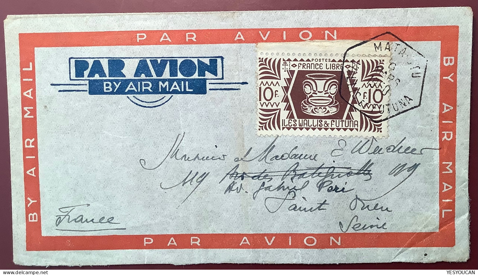 MATA UTU 1950 10f FRANCE LIBRE (1944) Rare Seul Sur Lettre Par Avion>St Ouen (Iles Wallis Et Futuna Cover London Issue - Briefe U. Dokumente