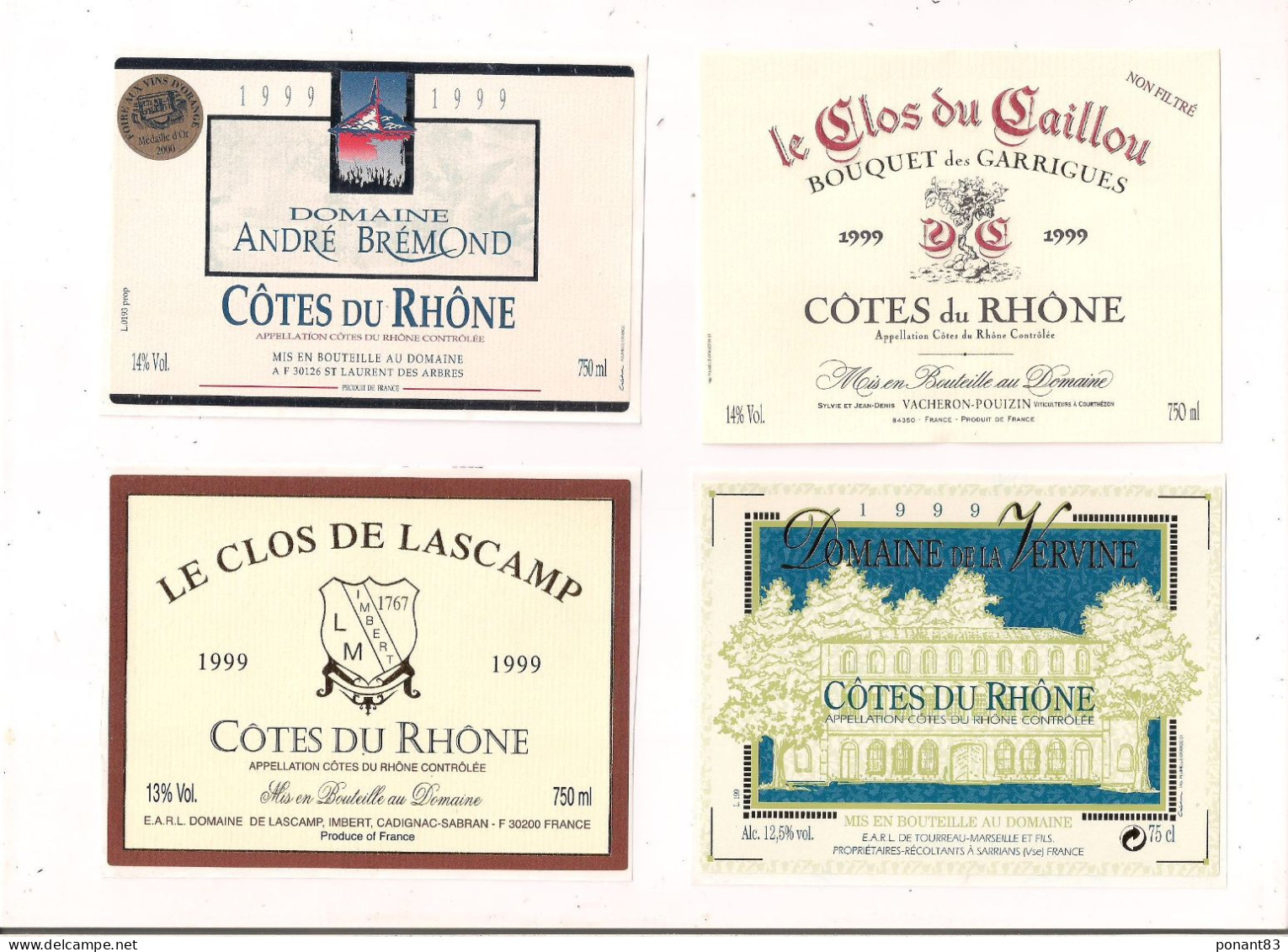 Etiquettes COTES Du RHONE 1999 - Le Clos De Lascamp,du Caillou, Domaine André Brémond Médaille Or 2000, De La Vervine - - Côtes Du Rhône