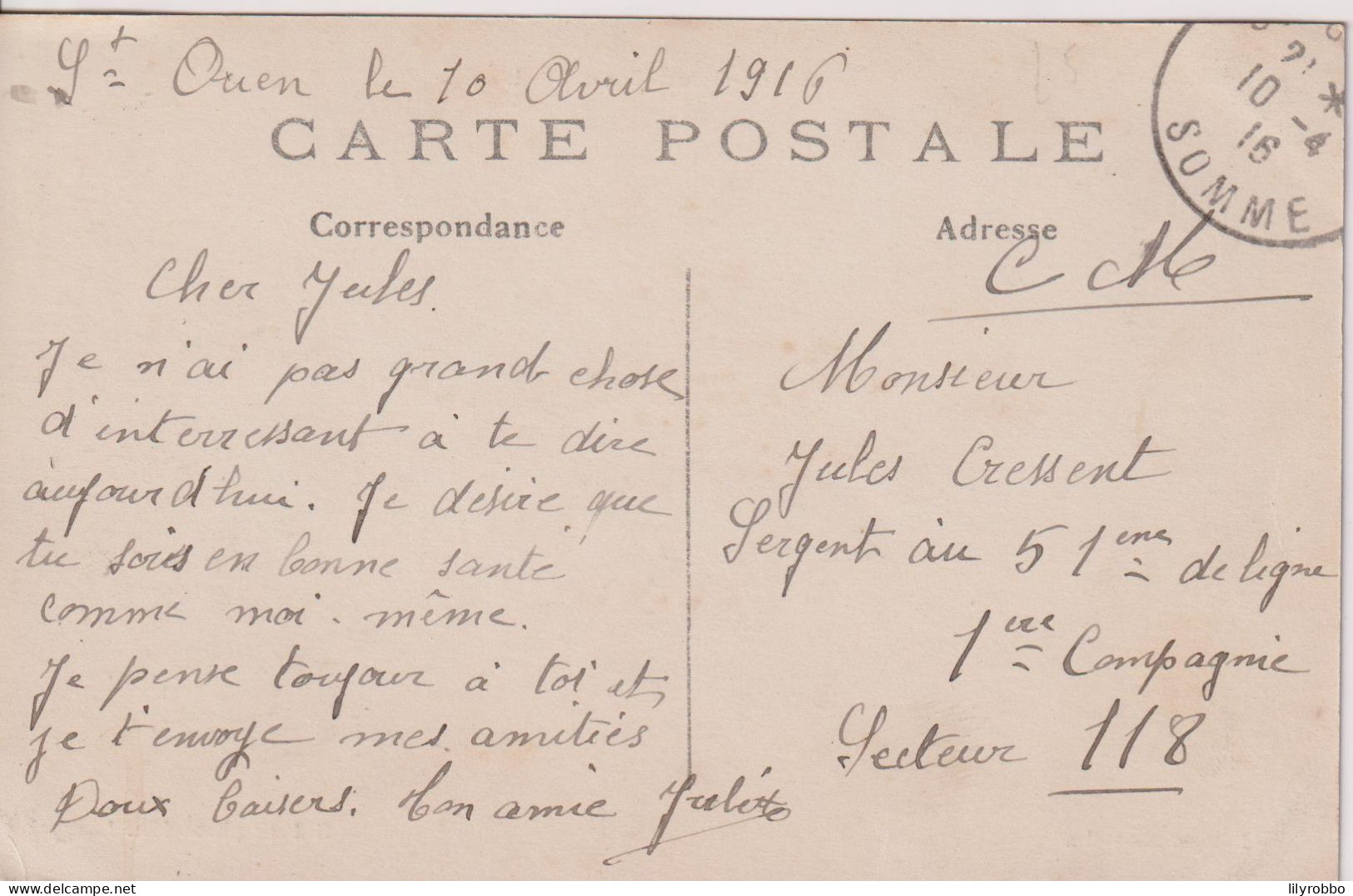 FRANCE - SAINT OUEN - L'Eglise - 1916 Postmark - Military Address - Saint Ouen