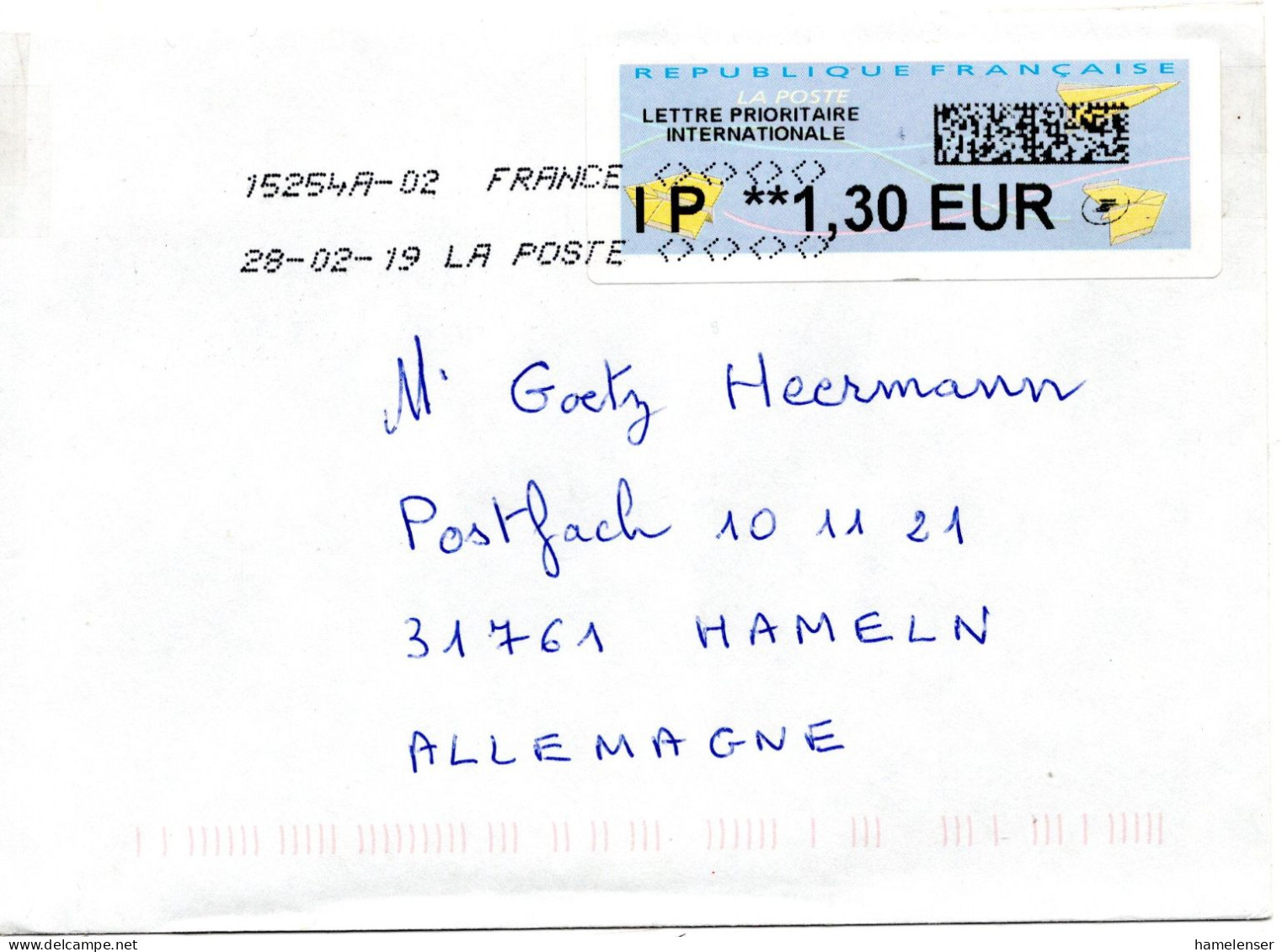 61247 - Frankreich - 2019 - €1,30 ATM EF A Bf 15254A-02 -> Deutschland - Lettres & Documents