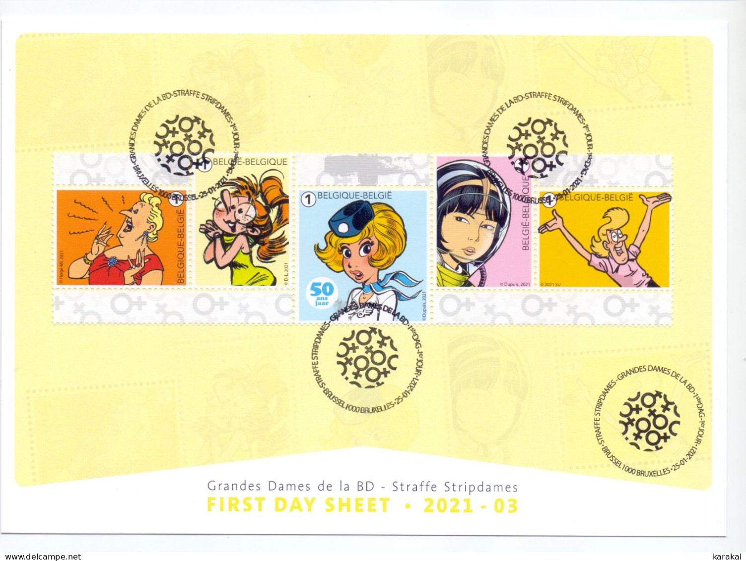 Belgique FDS First Day Sheet 2021-03 4986-4990 Bande Dessinée Comic Strip Yoko Tsuno Tintin Kuifje 2021 - 2021-…