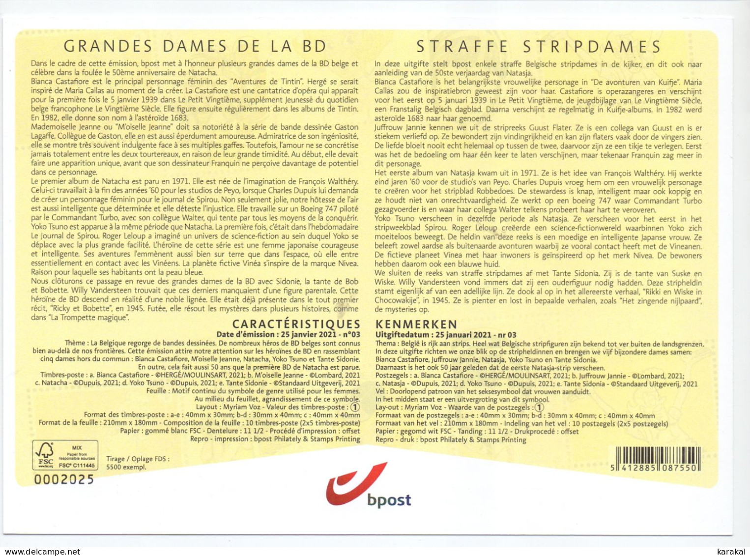 Belgique FDS First Day Sheet 2021-03 4986-4990 Bande Dessinée Comic Strip Yoko Tsuno Tintin Kuifje 2021 - 2021-…