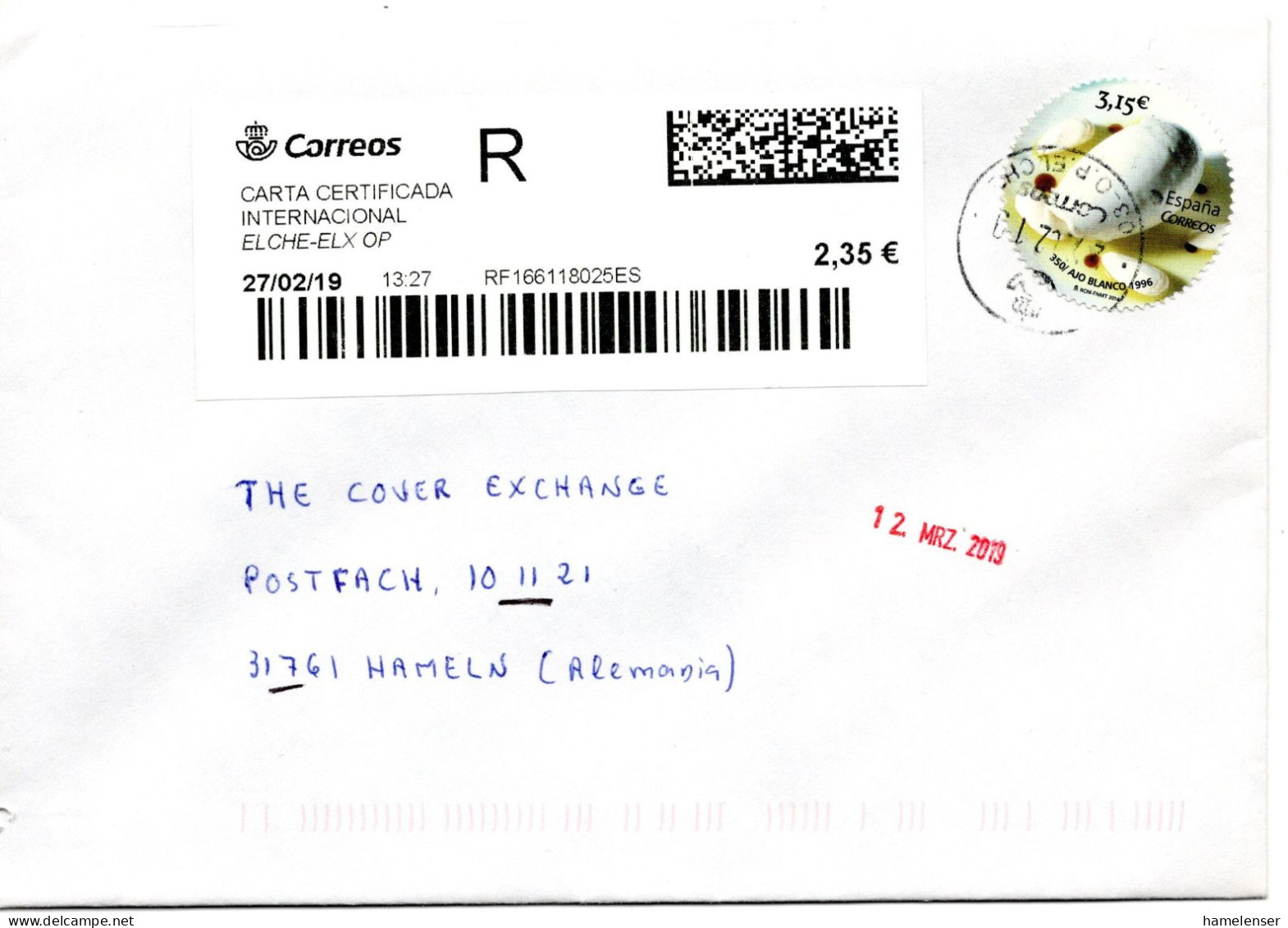 61250 - Spanien - 2019 - €3,15 Knoblauch MiF A R-Bf ELCHE -> Deutschland - Storia Postale