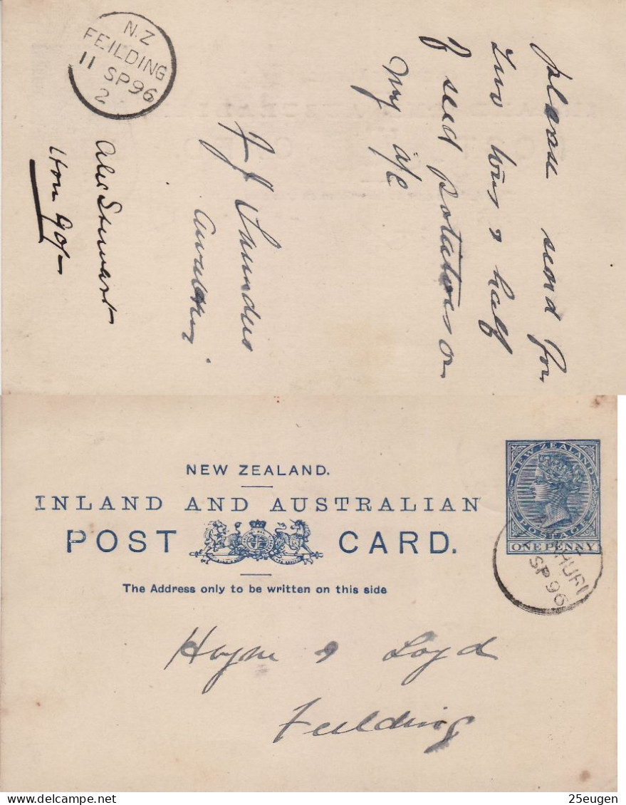 NEW ZEALAND 1896 POSTCARD SENT TO FIELDING - Briefe U. Dokumente