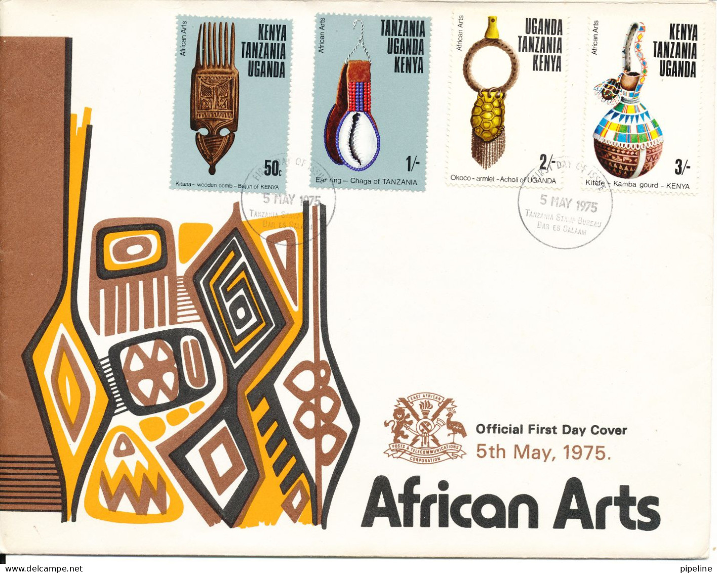 Kenya, Uganda & Tanzania FDC 5-5-1975 African Arts Complete Set Of 4 With Cachet - Kenya, Ouganda & Tanzanie