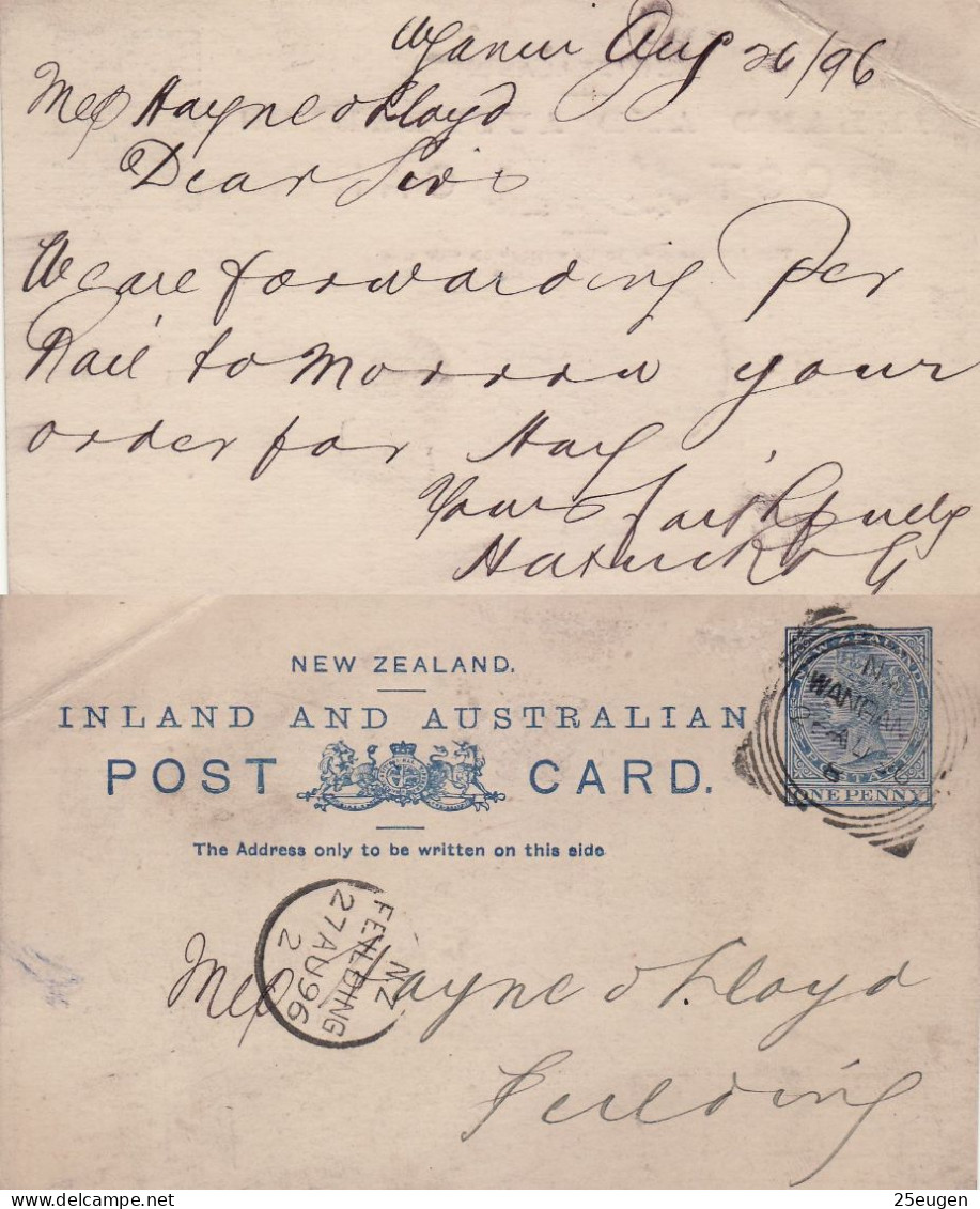 NEW ZEALAND 1896 POSTCARD SENT FROM WANGANO TO FIELDING - Brieven En Documenten