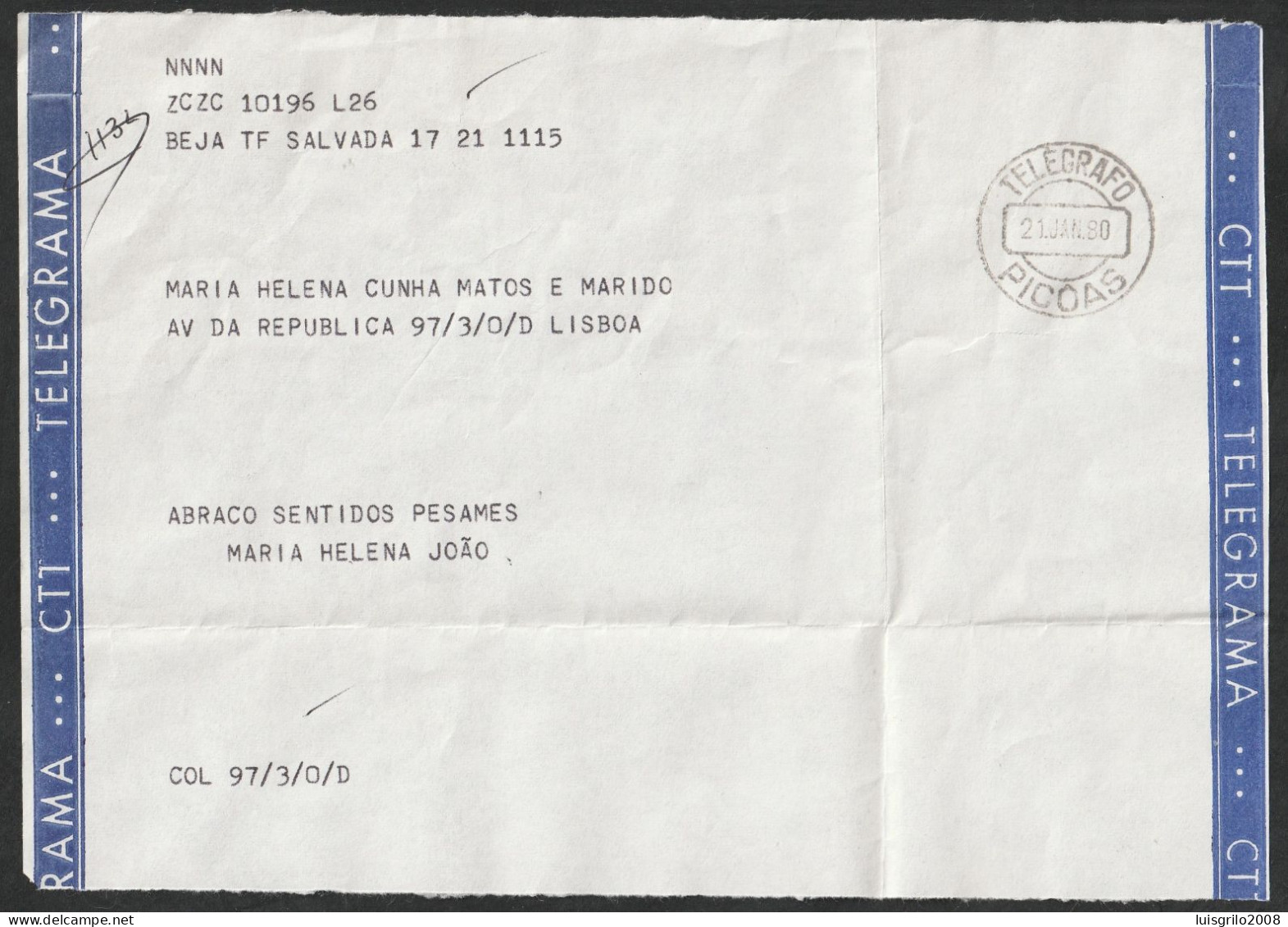 Telegram/ Telegrama - Beja > Lisboa -|- Postmark - TELEGRAFO. Picoas. 1980 - Storia Postale