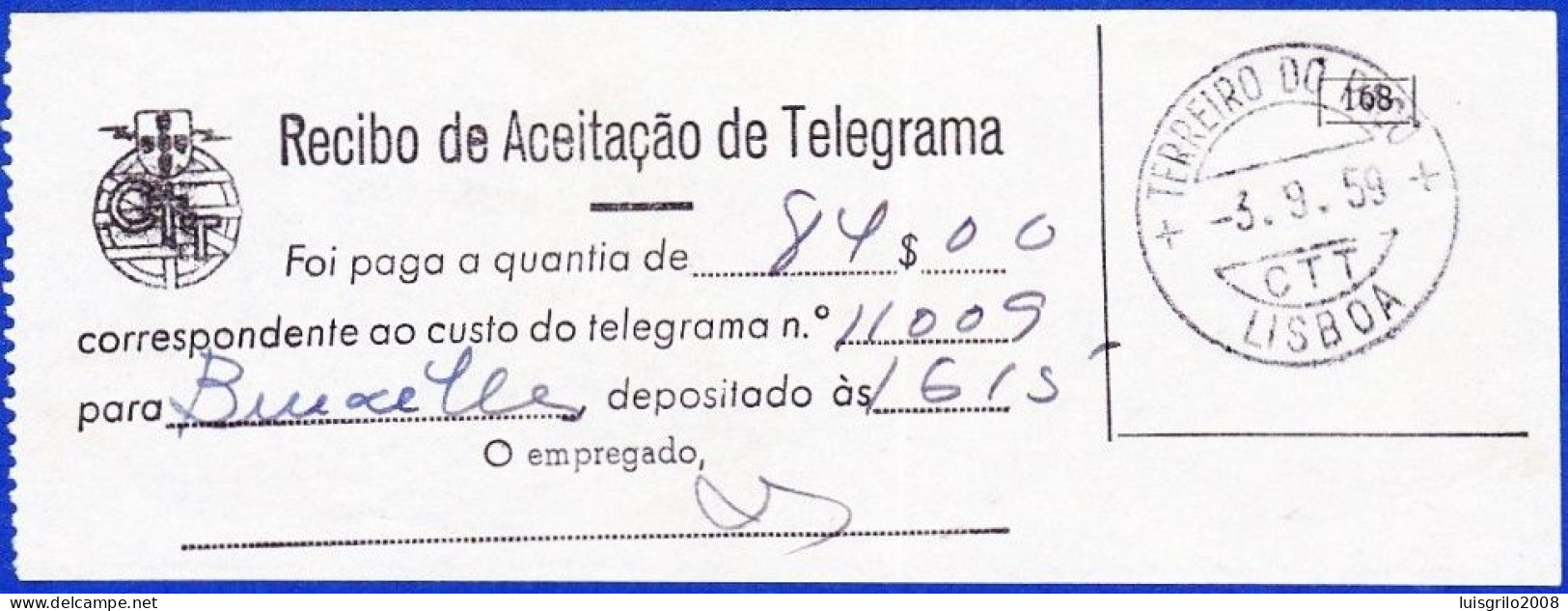 RECIBO DE ACEITAÇÃO DE TELEGRAMA - Terreiro Do Paço, Lisboa. 1959 > Bruxelas, Bélgica - Briefe U. Dokumente