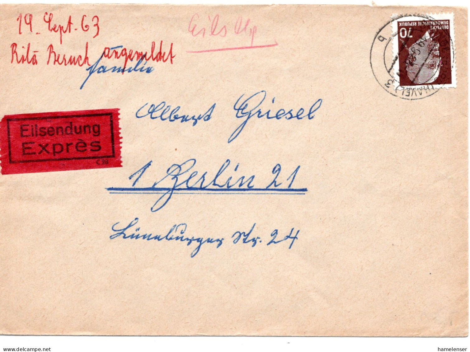 61274 - DDR - 1963 - 70Pfg Ulbricht EF A EilBf BRANDENBURG -> BERLIN (West) - Lettres & Documents