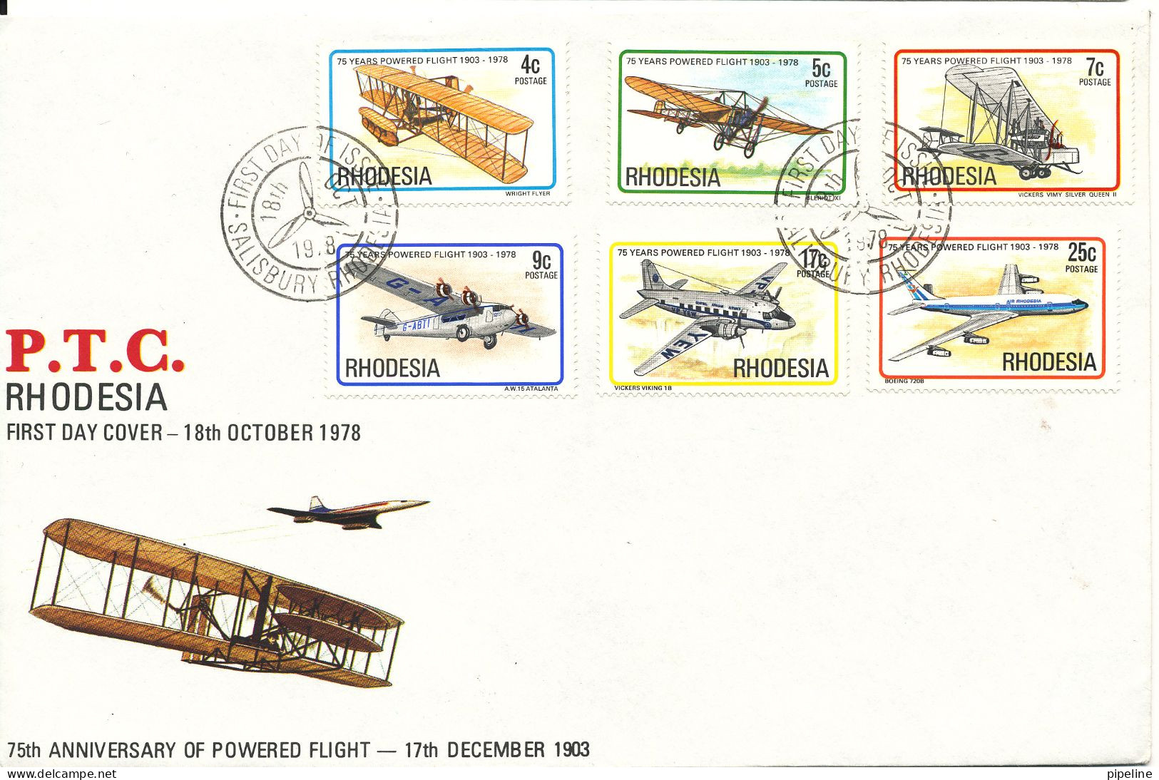 Rhodesia FDC 18-10-1978 75th Anniversary Of Powered Flight Complete Set Of 6 With Cachet - Rhodesien (1964-1980)