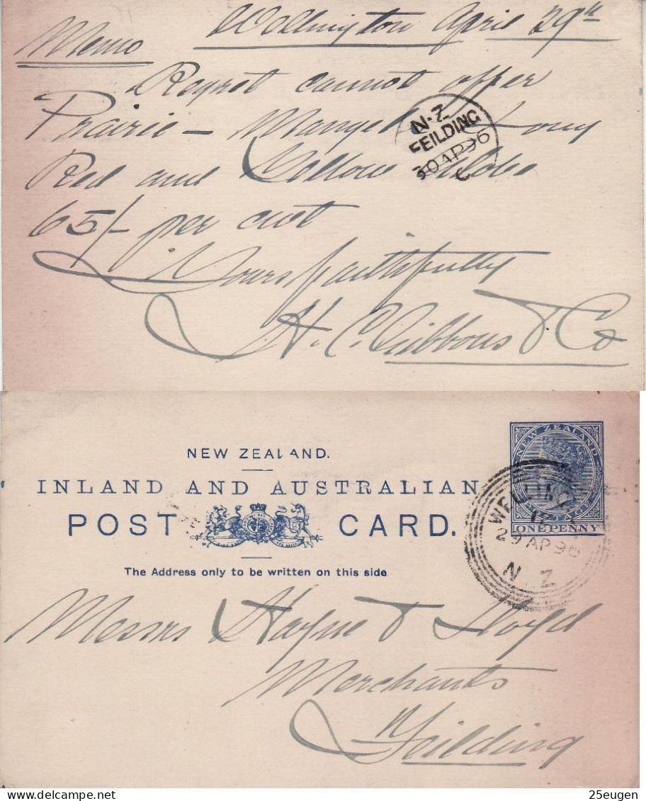 NEW ZEALAND 1896 POSTCARD SENT FROM WELLINGTON TO FIELDING - Brieven En Documenten