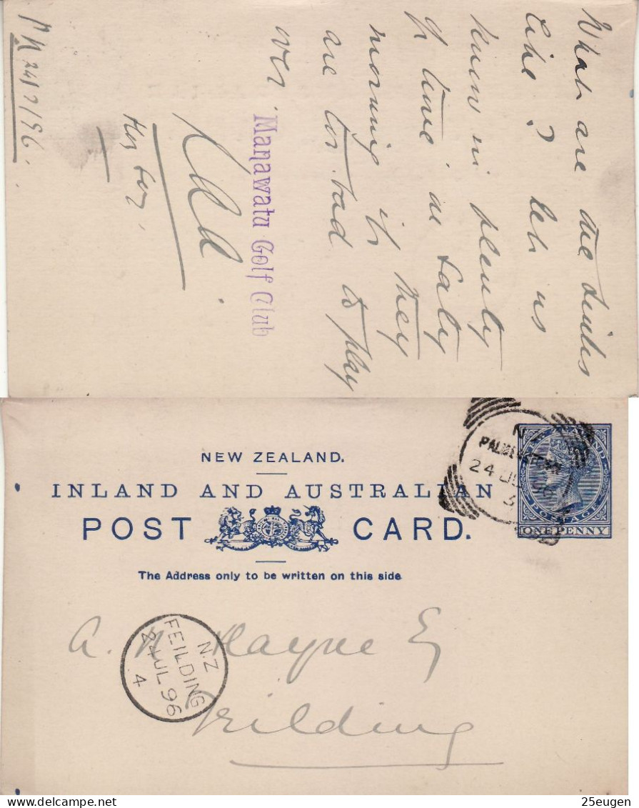 NEW ZEALAND 1896 POSTCARD SENT FROM PALMERSTON TO FIELDING - Covers & Documents