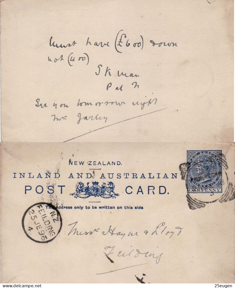 NEW ZEALAND 1896 POSTCARD SENT FROM PALMERSTON TO FIELDING - Brieven En Documenten