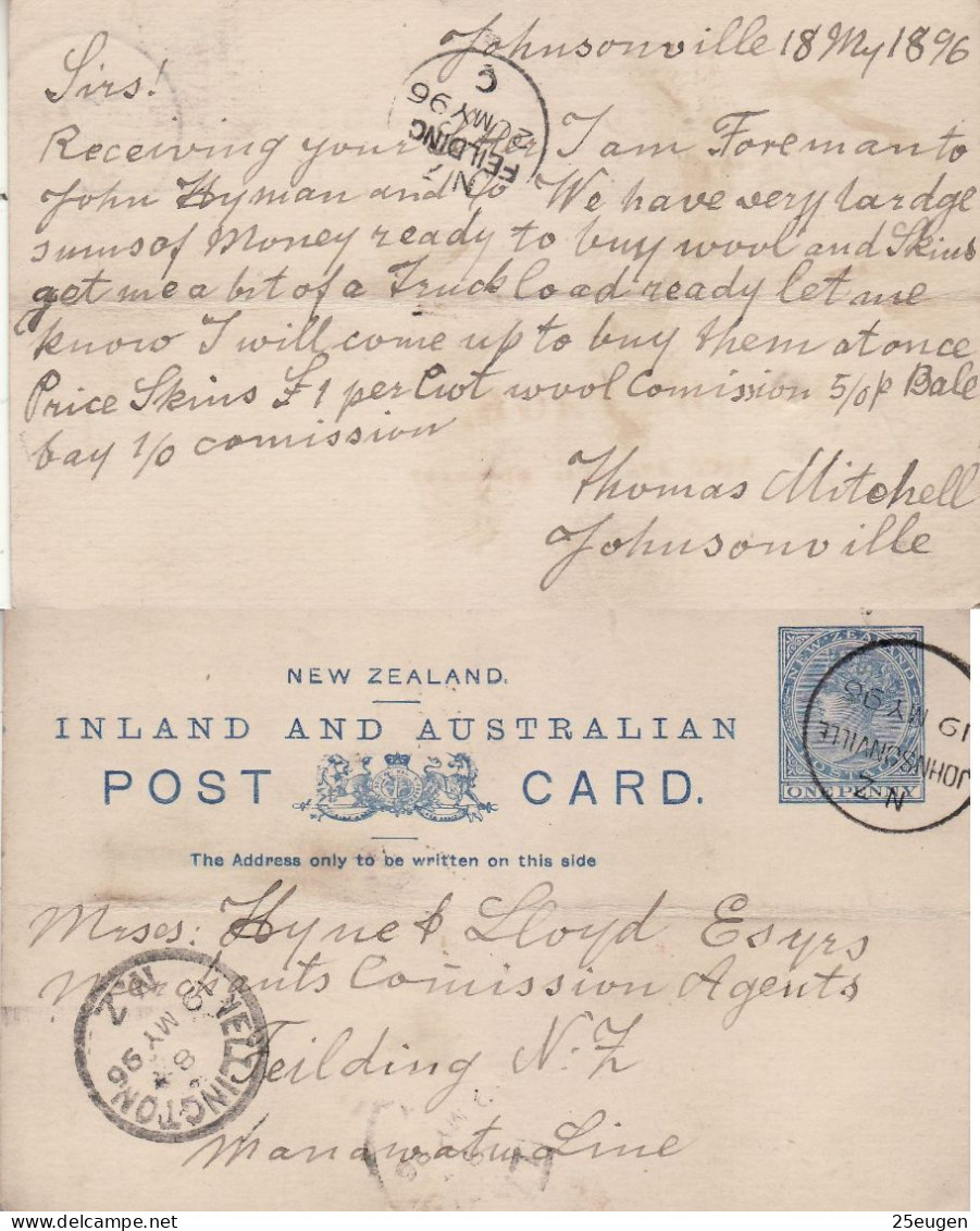 NEW ZEALAND 1896 POSTCARD SENT FROM JOHNSONVILLE TO FIELDING - Briefe U. Dokumente