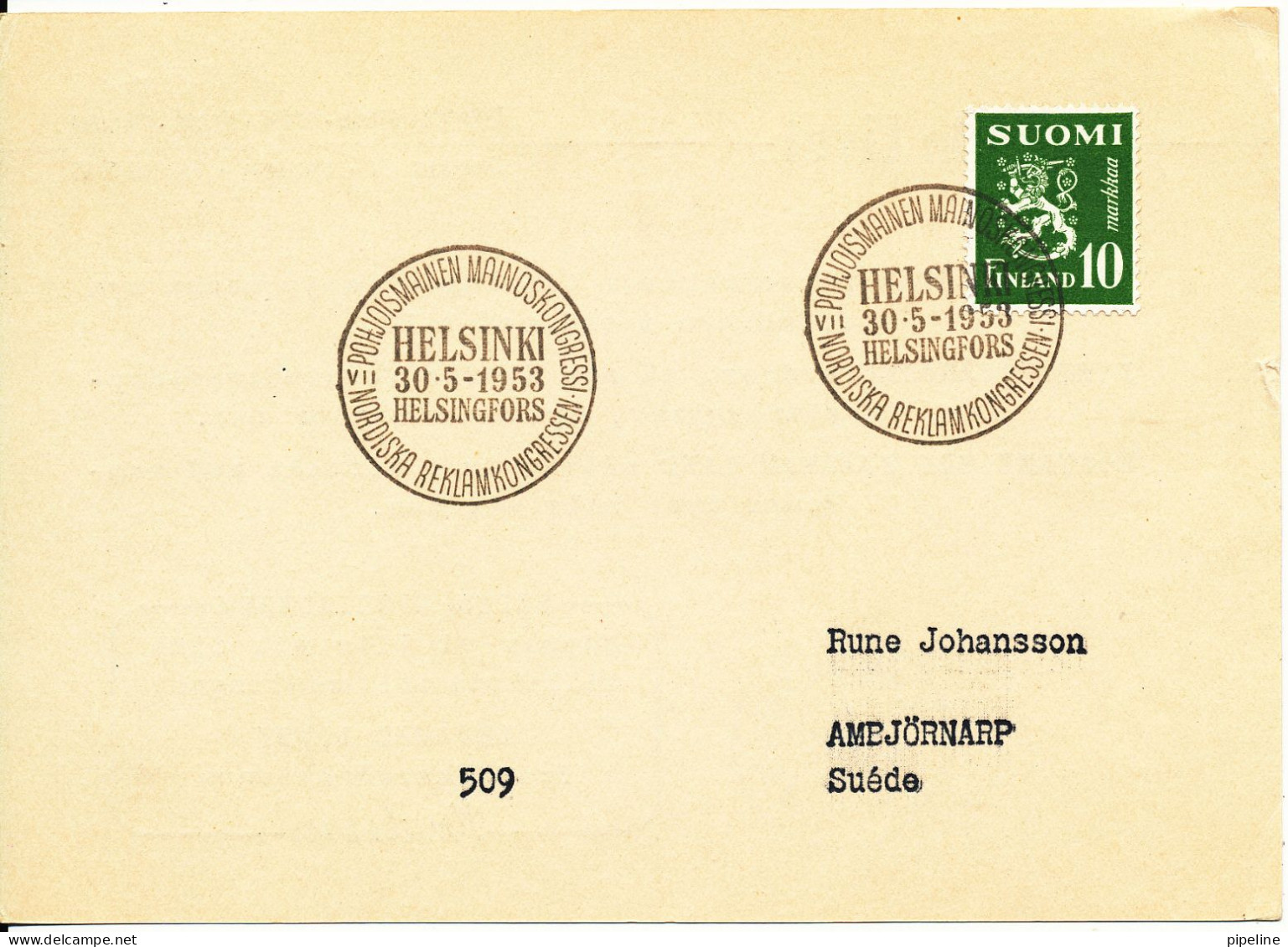 Finland Postcard Sent To Sweden Special Postmark Helsinki 30-5-1953 Single Franked Lion Type - Briefe U. Dokumente