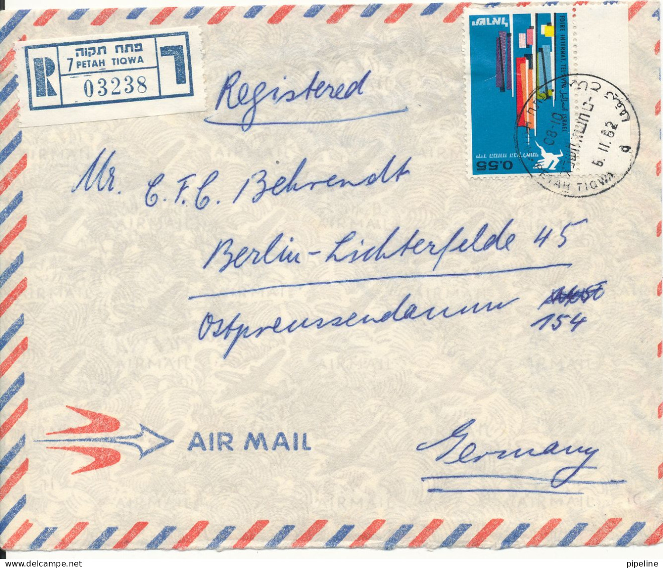 Israel Registered Air Mail Cover Sent To Germany 6-11-1962 Single Franked - Airmail