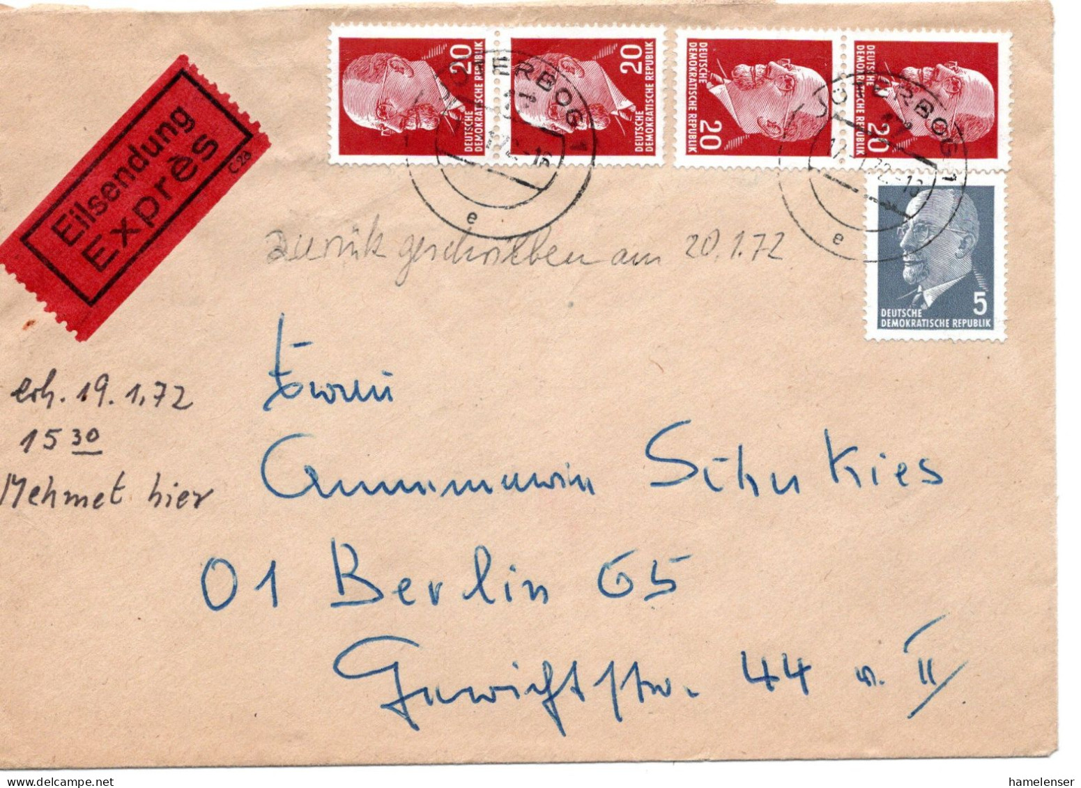61289 - DDR - 1972 - 4@20Pfg Ulbricht MiF A EilBf JUETERBOG -> BERLIN (West) - Covers & Documents