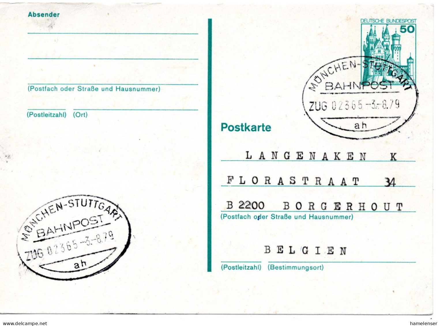 61295 - Bund - 1979 - 50Pfg B&S GAKte BahnpostStpl MUENCHEN-STUTTGART -> Belgien - Cartas & Documentos