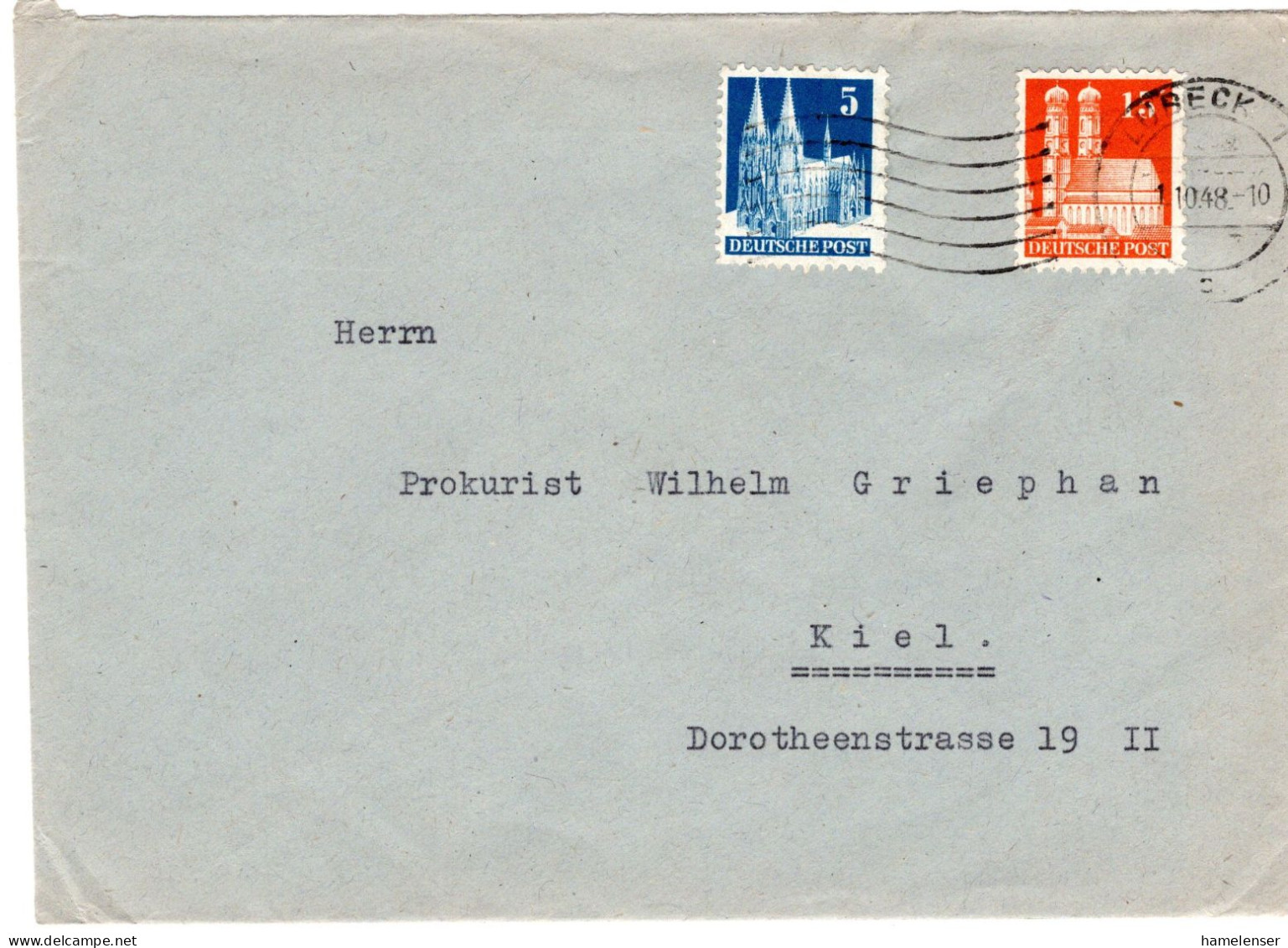 61306 - Bizone - 1948 - 15Pfg Bauten MiF A Bf LUEBECK -> Kiel - Lettres & Documents