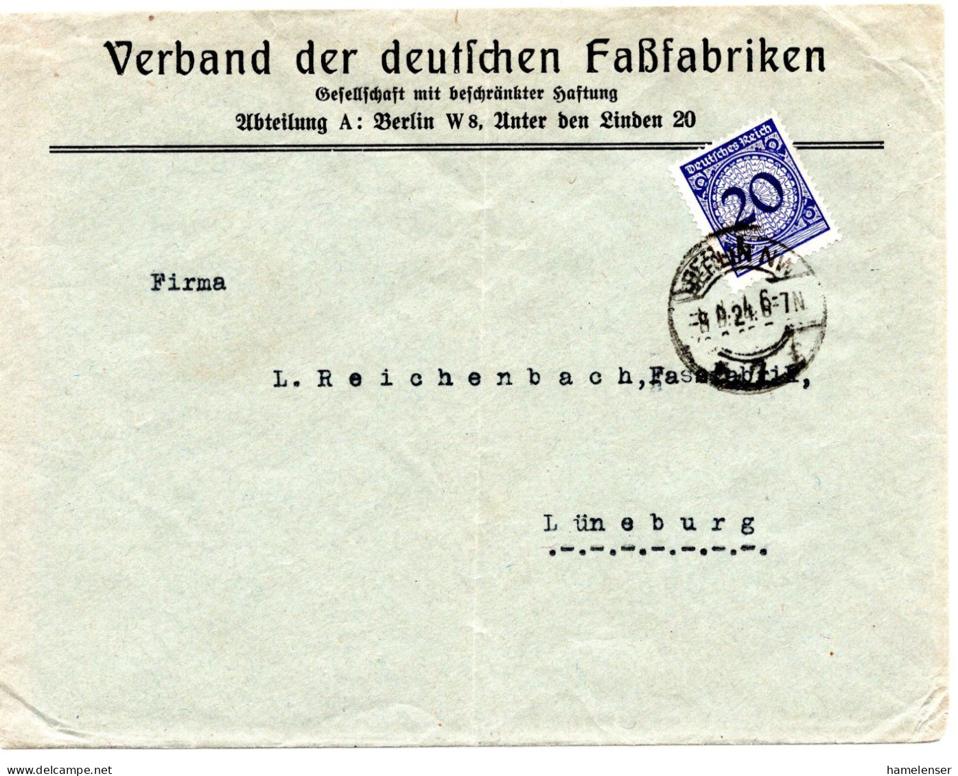 61308 - Deutsches Reich - 1924 - 20Pfg Korbdeckel EF A Bf BERLIN -> Lueneburg - Briefe U. Dokumente