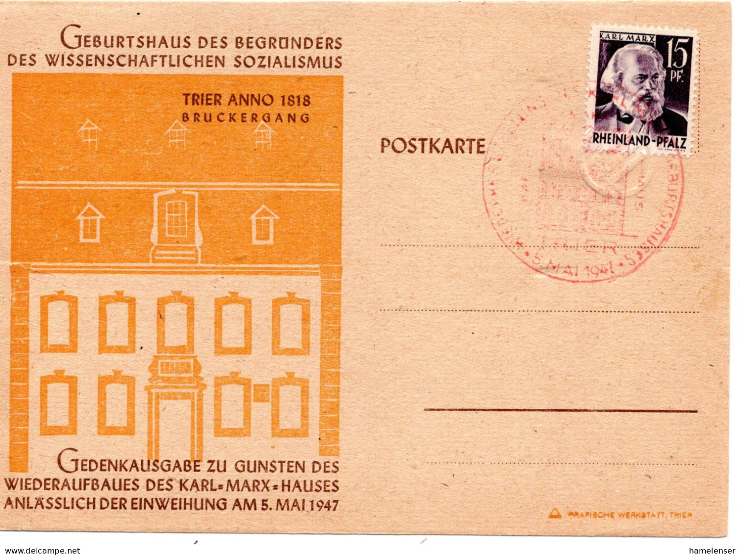 61322 - Frz Zone / Rheinland-Pfalz - 1947 - 15Pfg Marx EF A SoKte M SoStpl TRIER - ... KARL-MARX-HAUS - Karl Marx