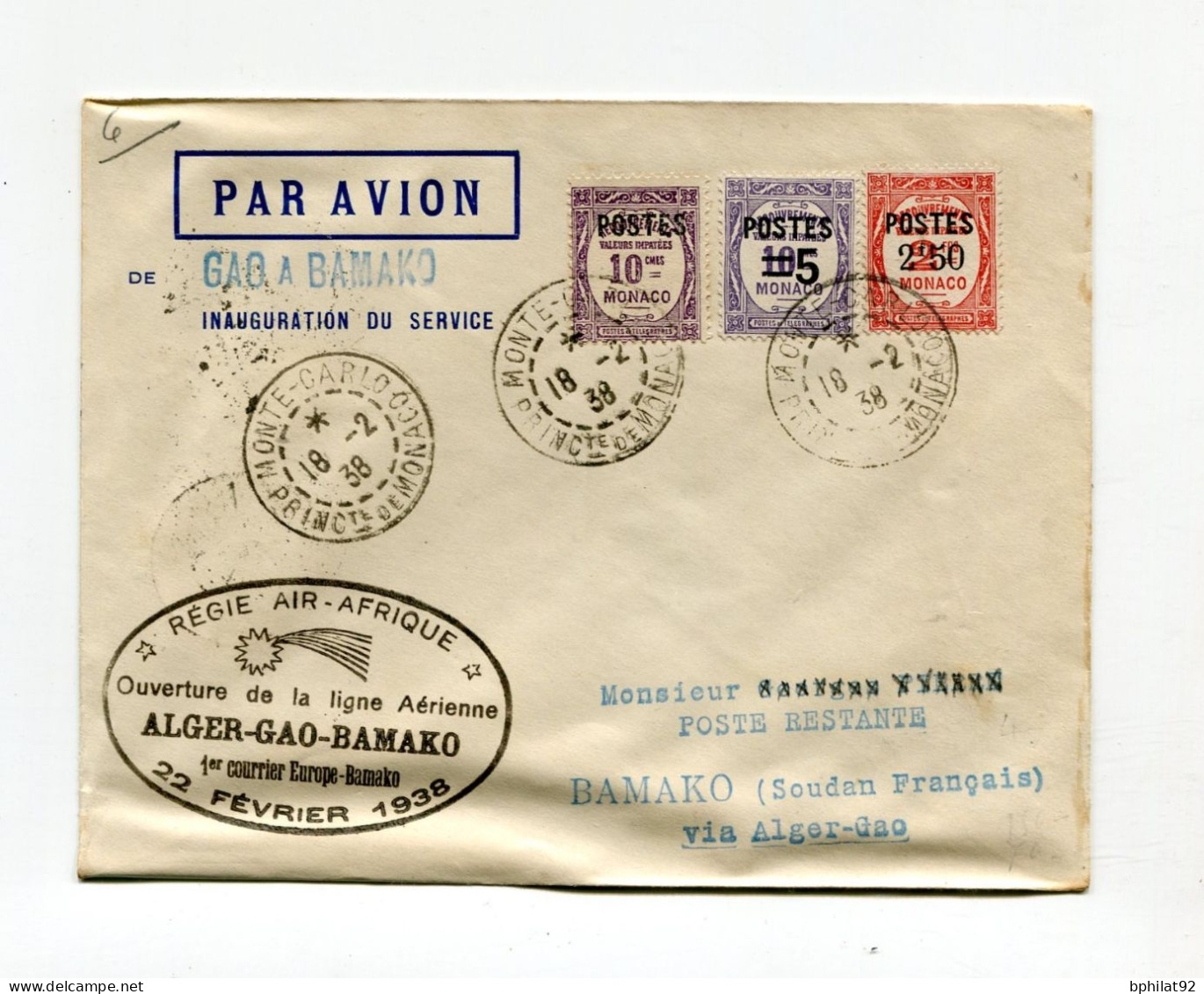 !!! OUVERTURE DE LA LIGNE ALGER - GAO - BAMAKO DU 22/2/1938, LETTRE PAR AVION DE MONTE CARLO POUR BAMAKO - Postmarks