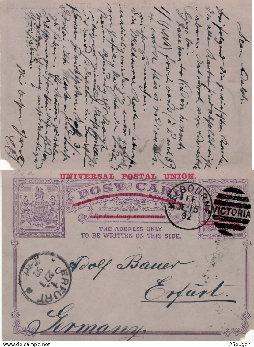 VICTORIA 1892 POSTCARD SENT FROM NELBOURNE TO ERFURT - Brieven En Documenten