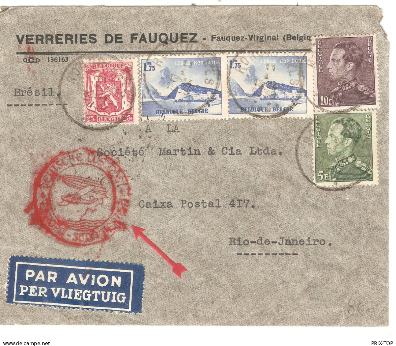 L.PA Ronquières 11/1/1939 Verrereies Fauquez Virginal > Rio Brésil  Poortman 433-434 +TP  Via BXL 11/1/1939 & Lufthansa - Covers & Documents