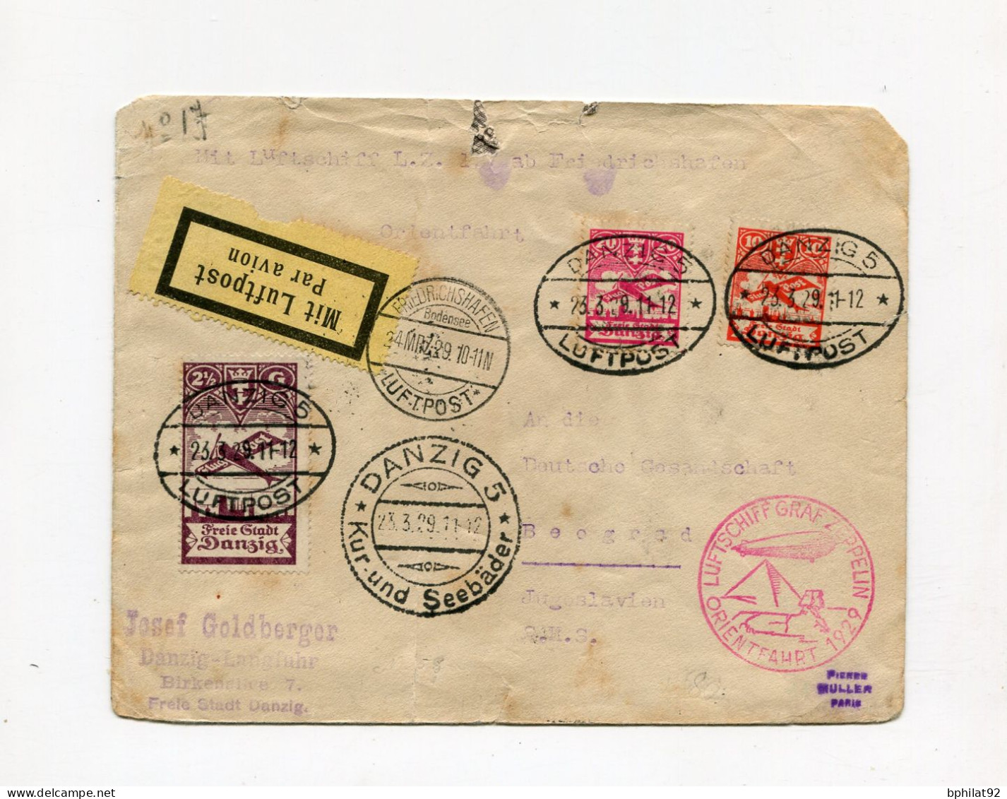 !!! LETTRE PAR AVION DE DANZIG DU 23/3/1929 POUR BELGRADE - Covers & Documents