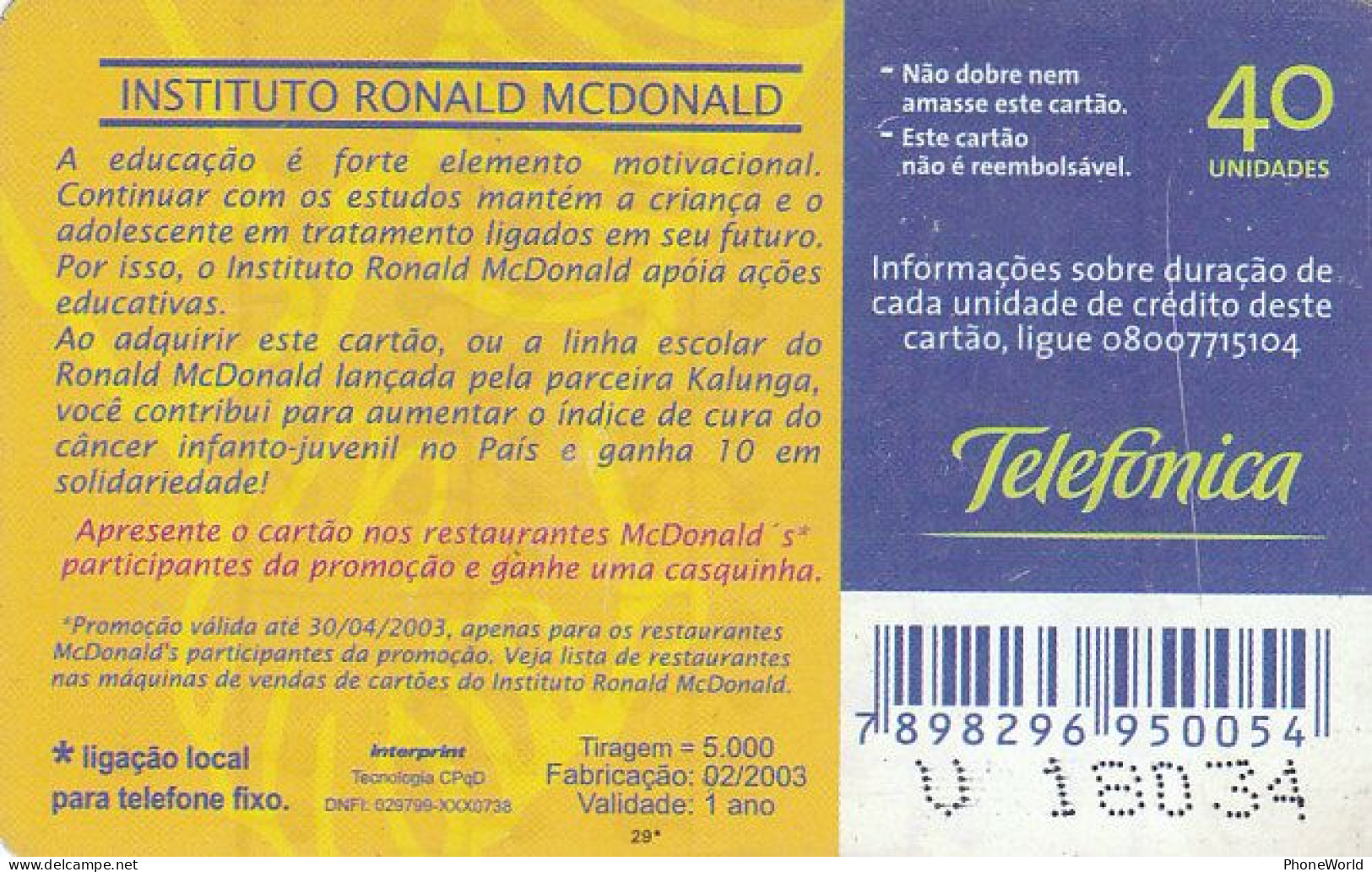 Telefonica, Sao Paulo 2/2003, Instituto McDonald 29*, Limited Edition  RR - Brésil