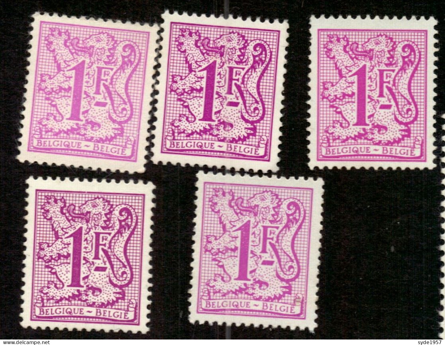 1977 Y&T 1850 Chiffre Sur Lion Héraldique 1Fr Rose, 5 Timbres Nuances De Couleurs Et De Papier - 1977-1985 Cijfer Op De Leeuw