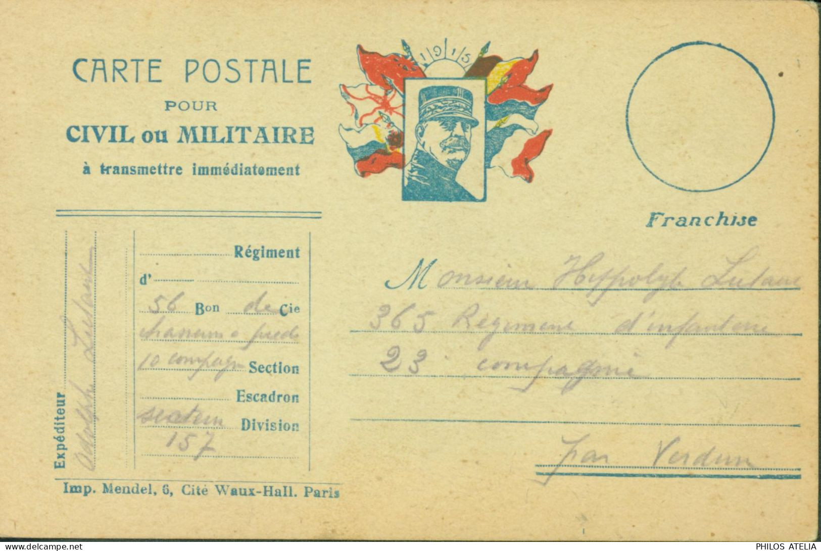 Guerre 14 CP FM Franchise Pour Civil Ou Militaire Joffre Drapeaux Alliés Imp Mendel Paris - WW I