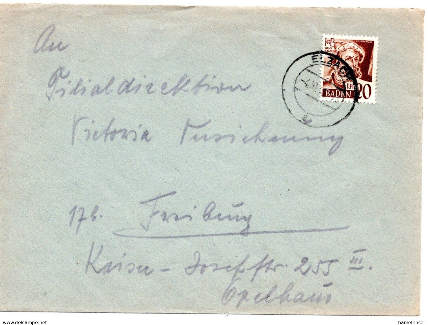61325 - Frz Zone / Baden - 1948 - 20Pfg Baldung EF A Bf ELZACH -> Freiburg - Baden