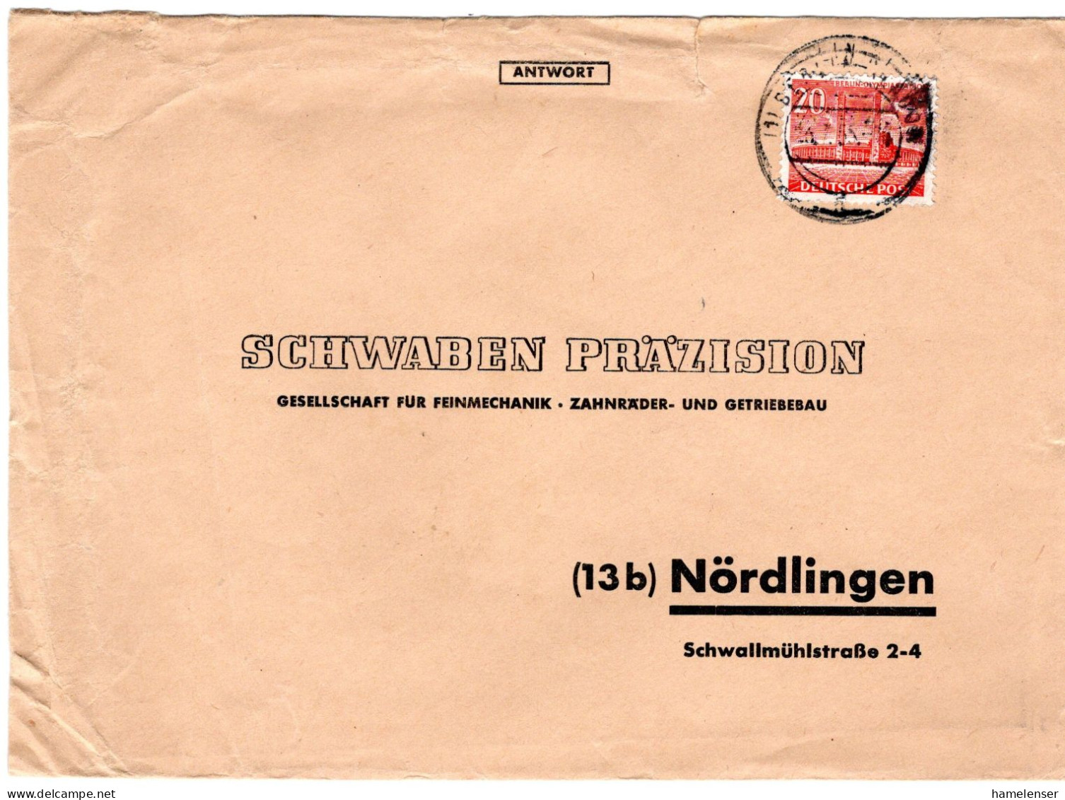 61328 - Berlin - 1955 - 20Pfg Bauten I EF A Bf BERLIN -> Noerdlingen - Cartas & Documentos