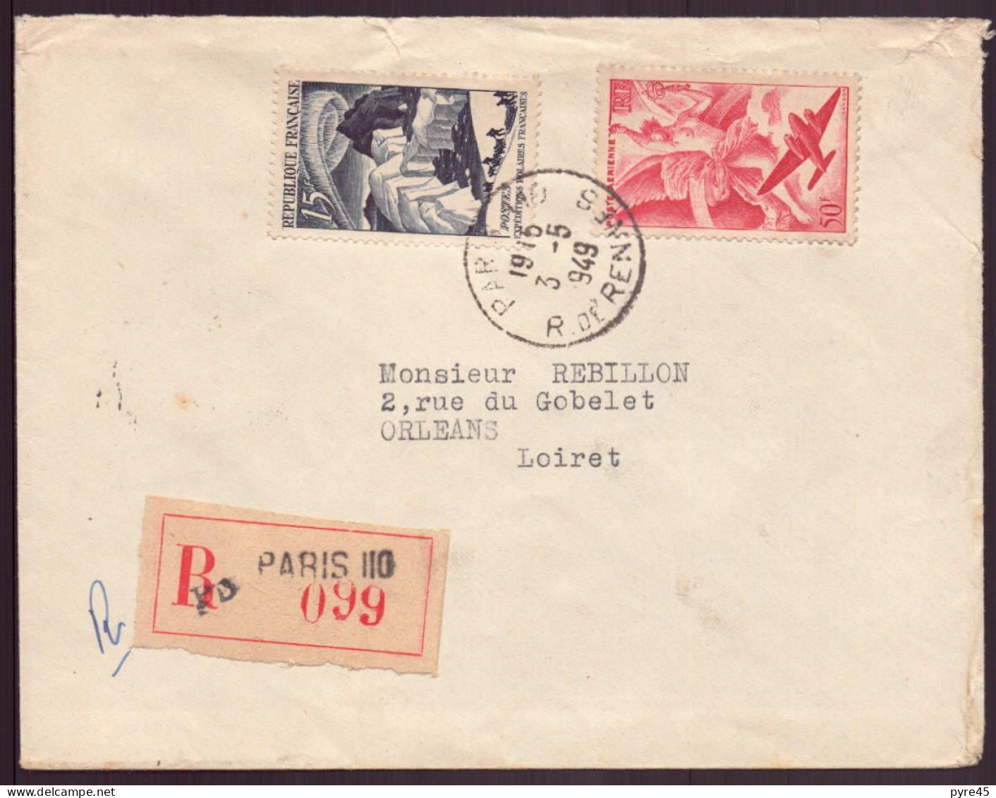 France, Enveloppe Recommandée Du 3 Mai 1949 De Paris Pour Orléans - Other & Unclassified