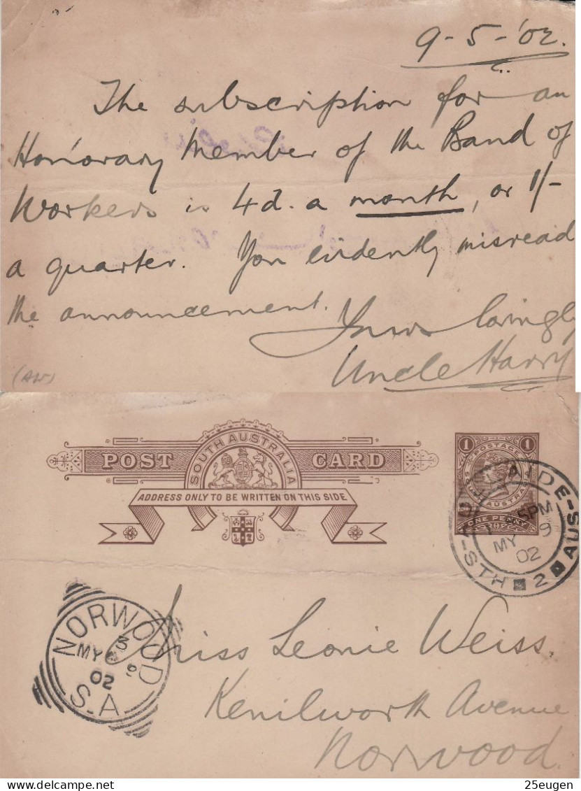 SOUTH AUSTRALIA 1902  POSTCARD SENT FROM ADELAIDE TO NORWOOD - Lettres & Documents