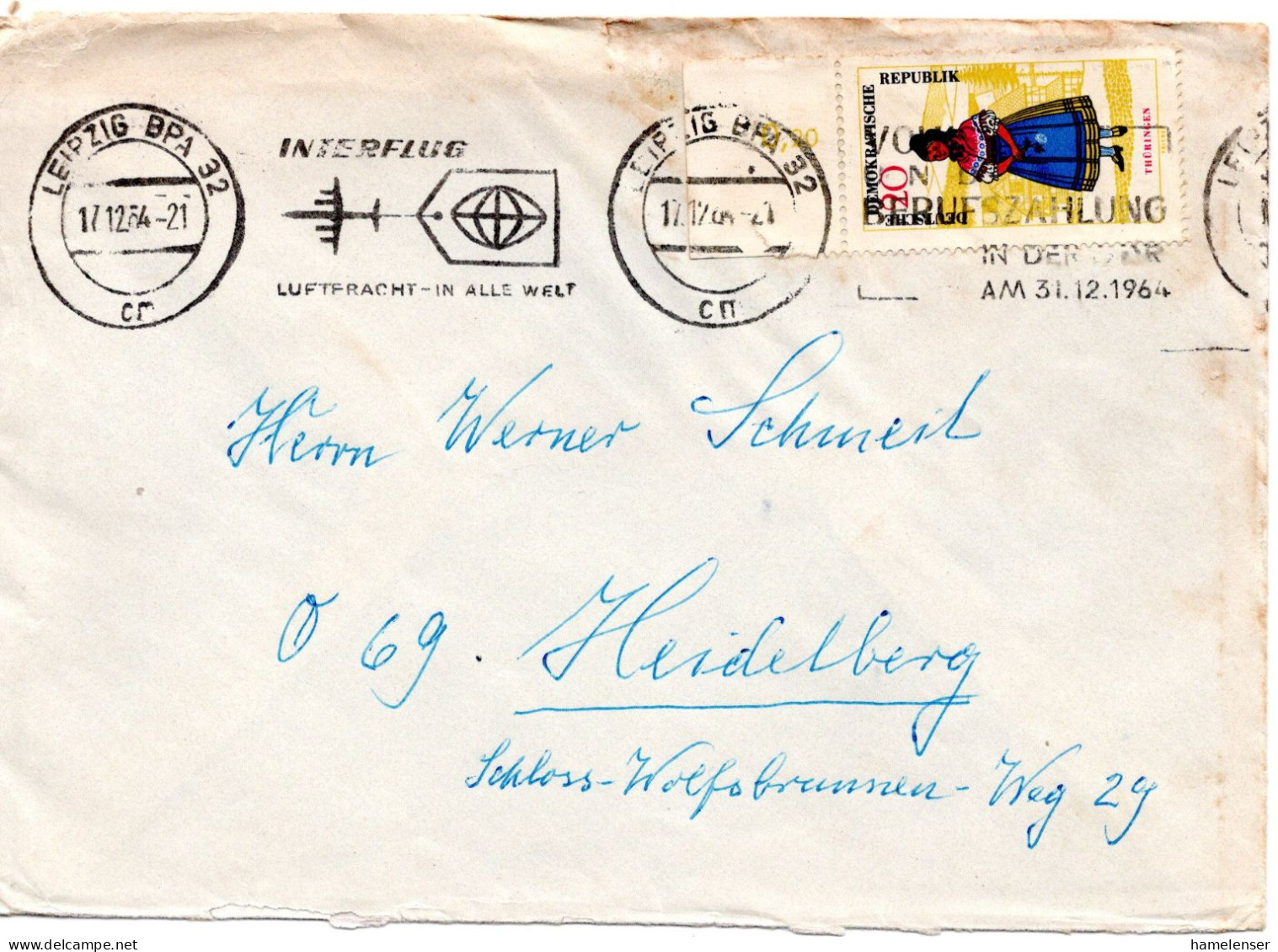 61340 - DDR - 1964 - 20Pfg Trachten EF A Bf (etw Stockig) LEIPZIG - INTERFLUG ... -> Westdeutschland - Briefe U. Dokumente