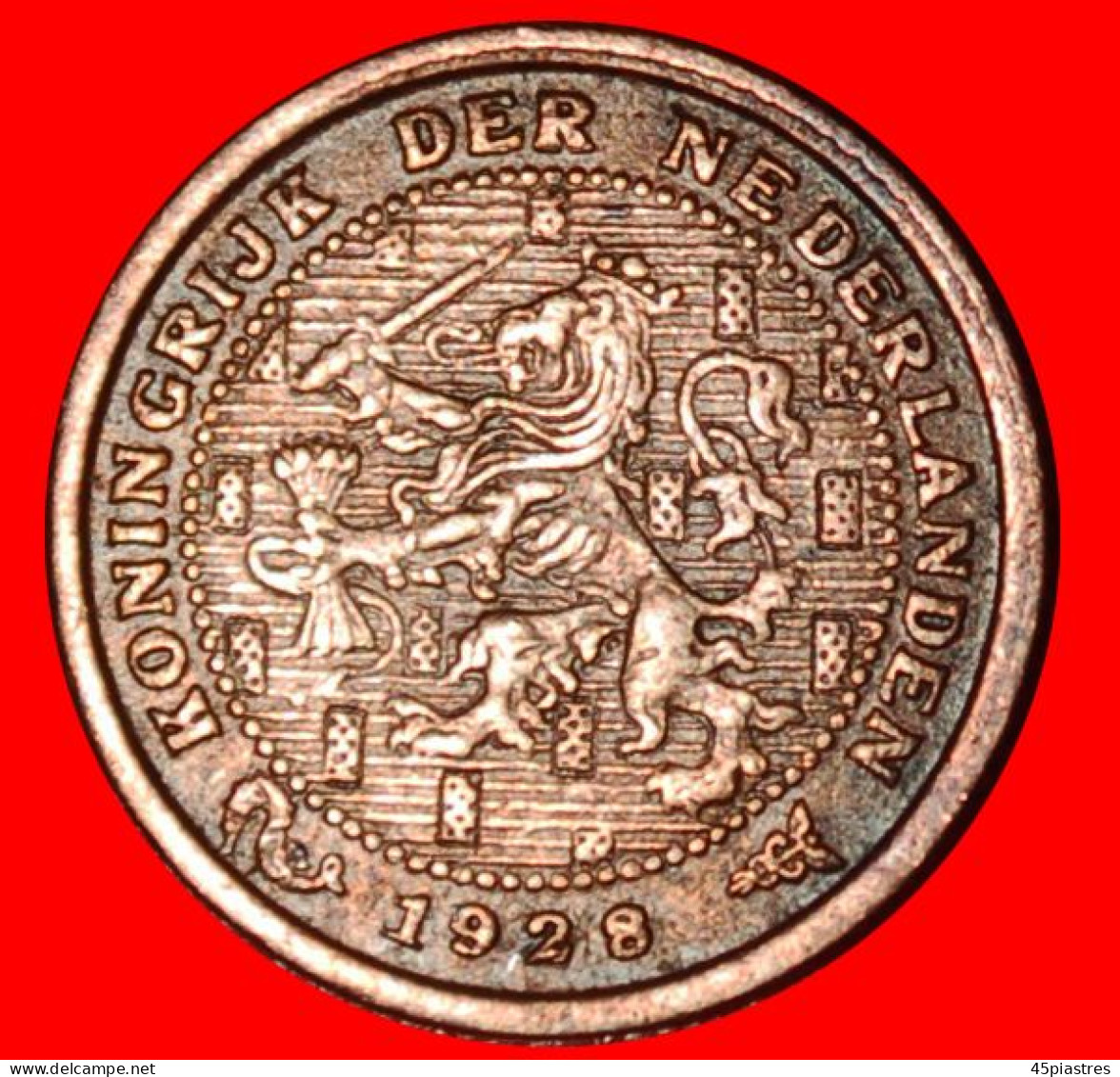 * RAMPANT LION (1909-1940): NETHERLANDS  1/2 CENT 1928! WILHELMINA (1890-1948)! · LOW START ·  NO RESERVE! - 0.5 Centavos